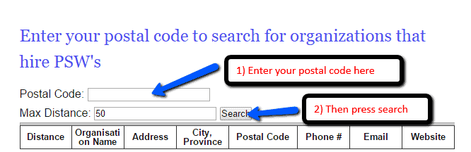 Search for organizations that hire PSWs on PSWHQ